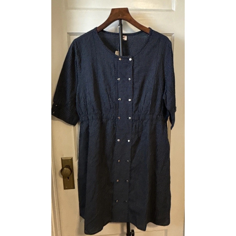 Yash Gallery Blue Striped Dress Top Button PLUS SIZE 3XL Elastic Waist